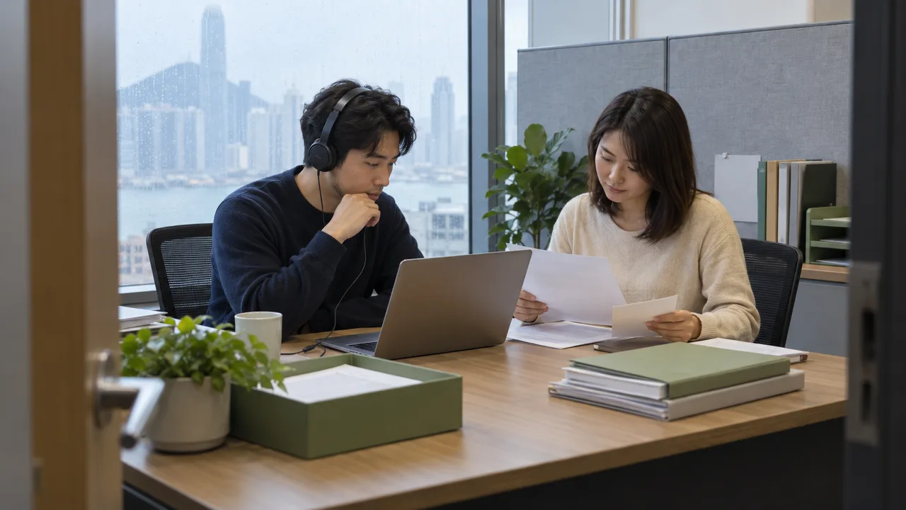Two colleagues compare meeting notes at an office desk while one listens through wired headphones beside an open laptop.