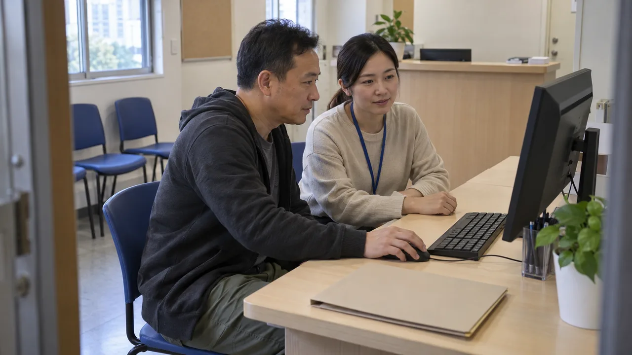 Illustrative scene of a community-centre worker helping an adult applicant at a shared computer desk beside reception.