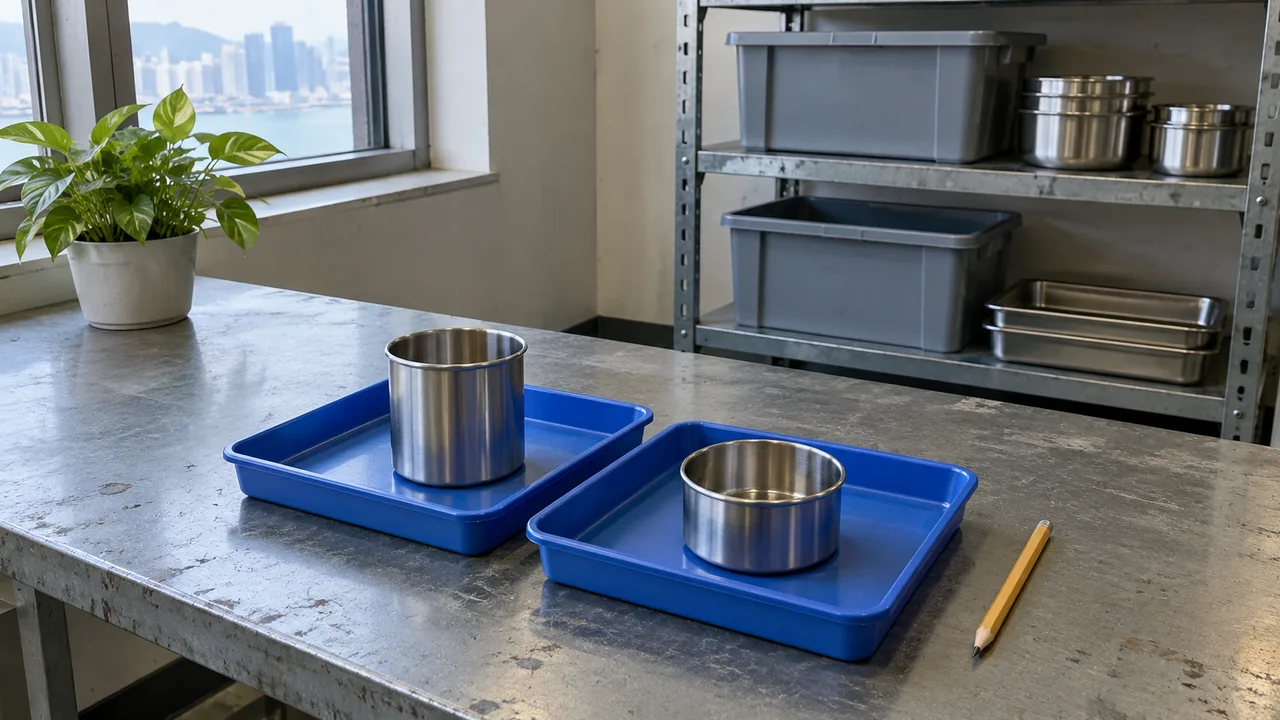 Illustrative stockroom scene with two blue trays, each holding a stainless steel container, and a pencil on a worn grey workbench.