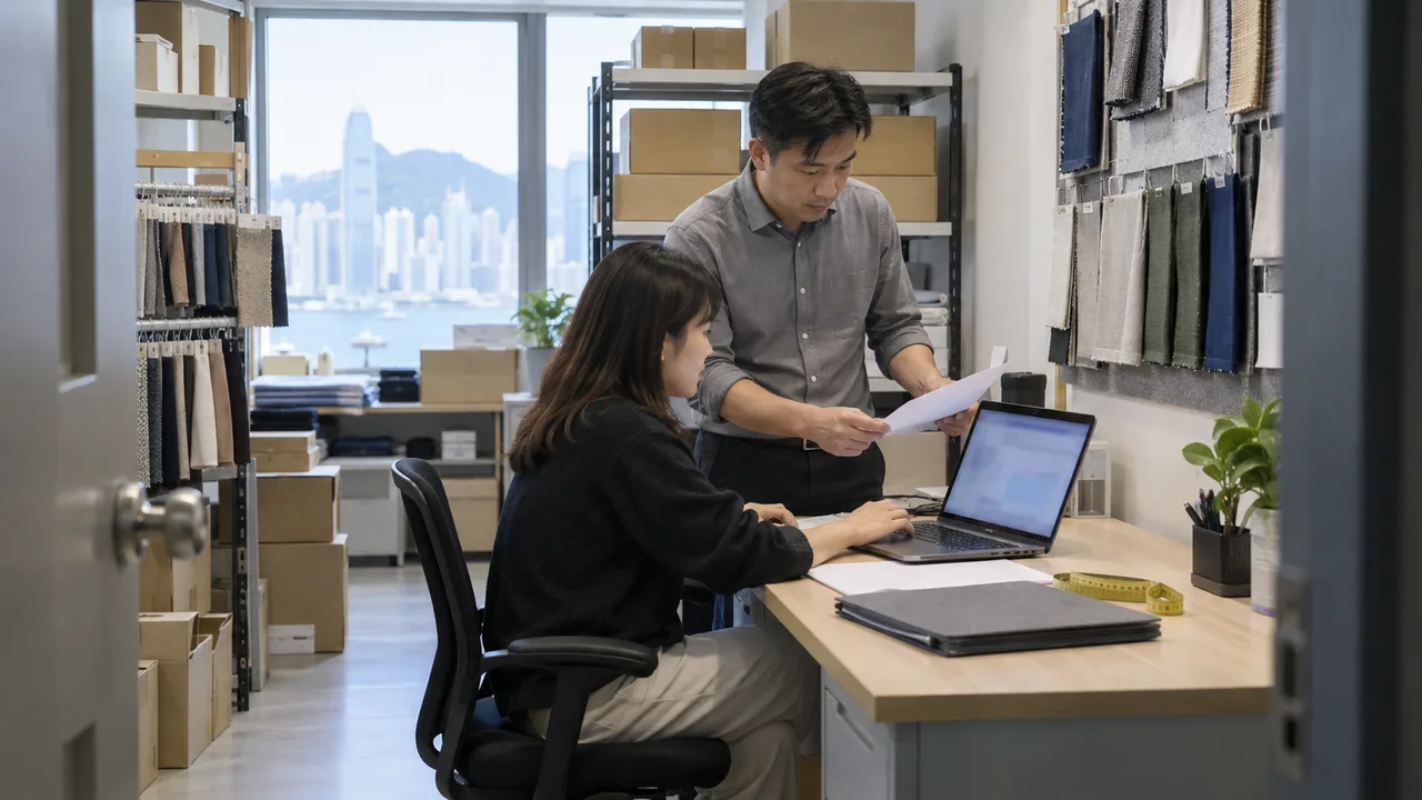 香港小型貿易辦公室內，採購同事與主管在樣辦紙箱旁核對供應商回覆。