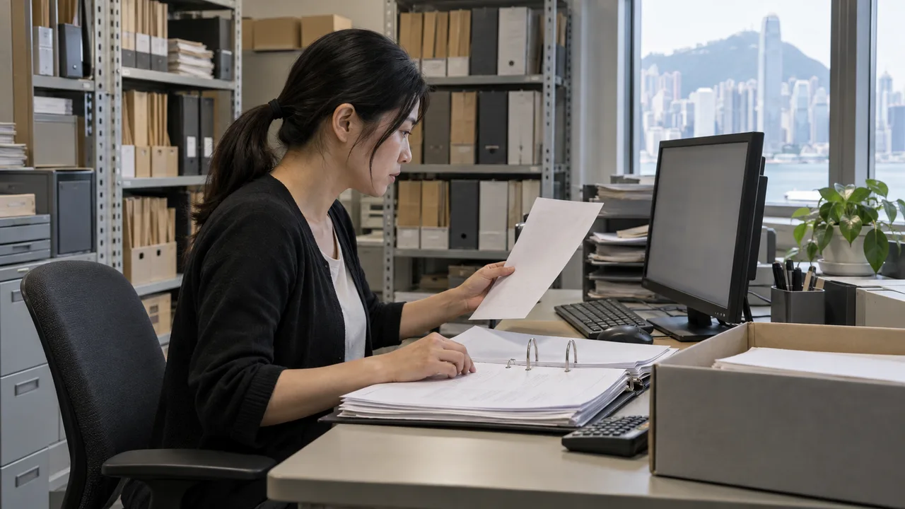 Illustration of an accounts clerk comparing paper invoices and an archive index in a trading office.
