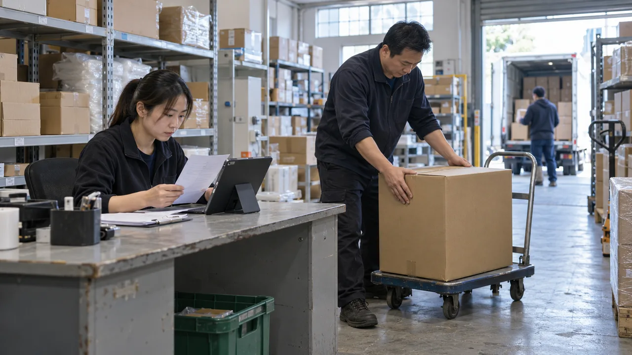 A distributor’s order clerk and warehouse supervisor compare an order slip with a tablet at a stockroom dispatch desk.