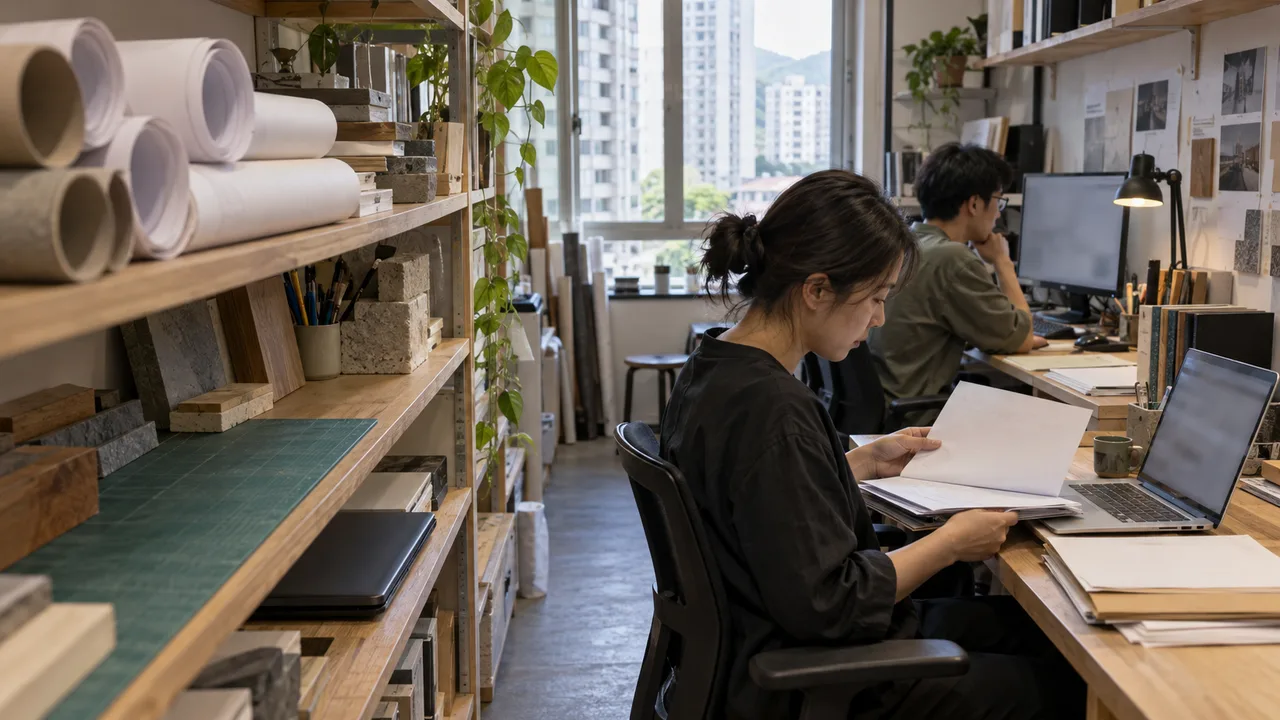 An administrator and designer checking software records beside a workstation and drawing shelves in a small architecture studio