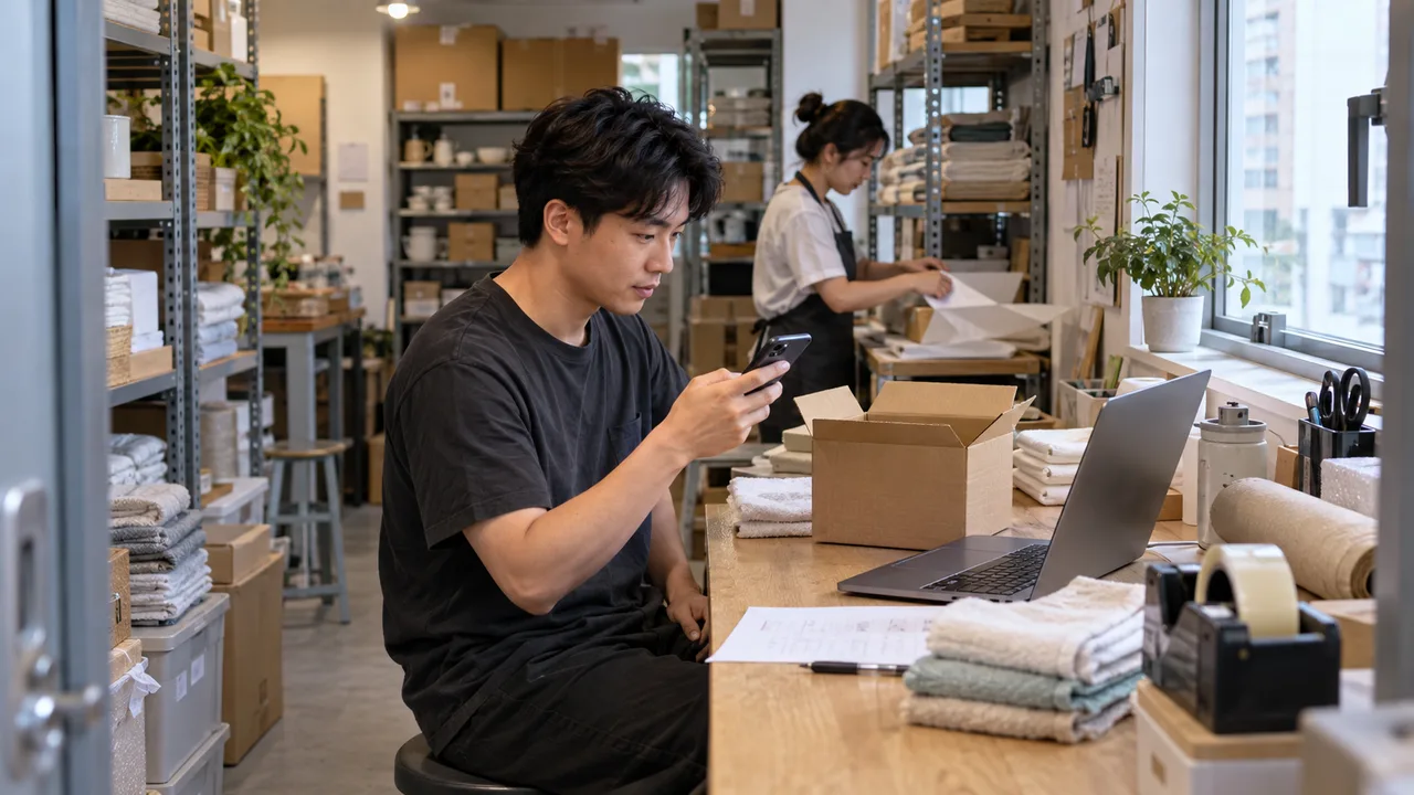 A shop owner checks a phone beside a laptop and packing materials at a small online retailer’s workbench.