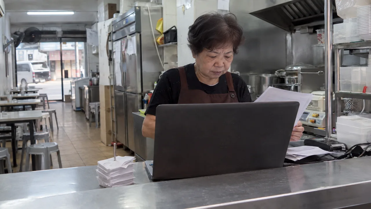 外賣店店主在櫃檯審閱供應商方案