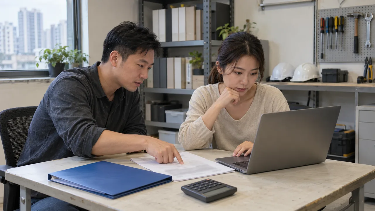Two colleagues review a service quotation beside a laptop at a small Hong Kong workshop office.