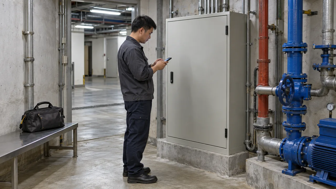 A technician recording a visit on a phone beside a closed pump cabinet in a basement service room.