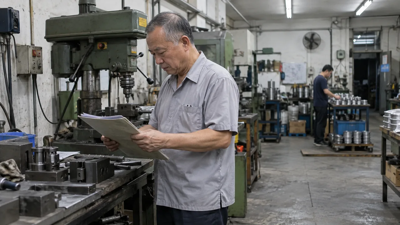 工場負責人在現有設備旁審閱項目文件
