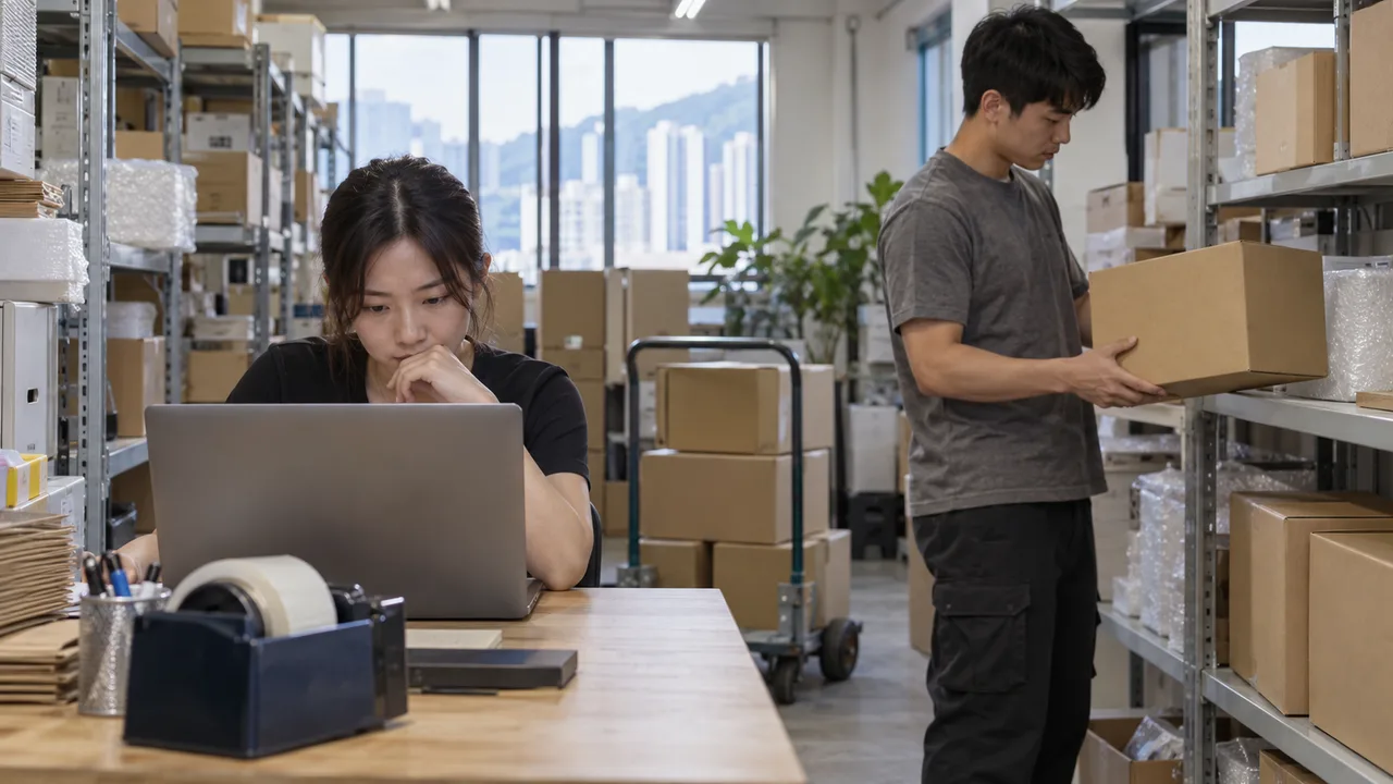 A retailer checking a payment query at a stockroom desk while a parcel waits on a separate shelf.