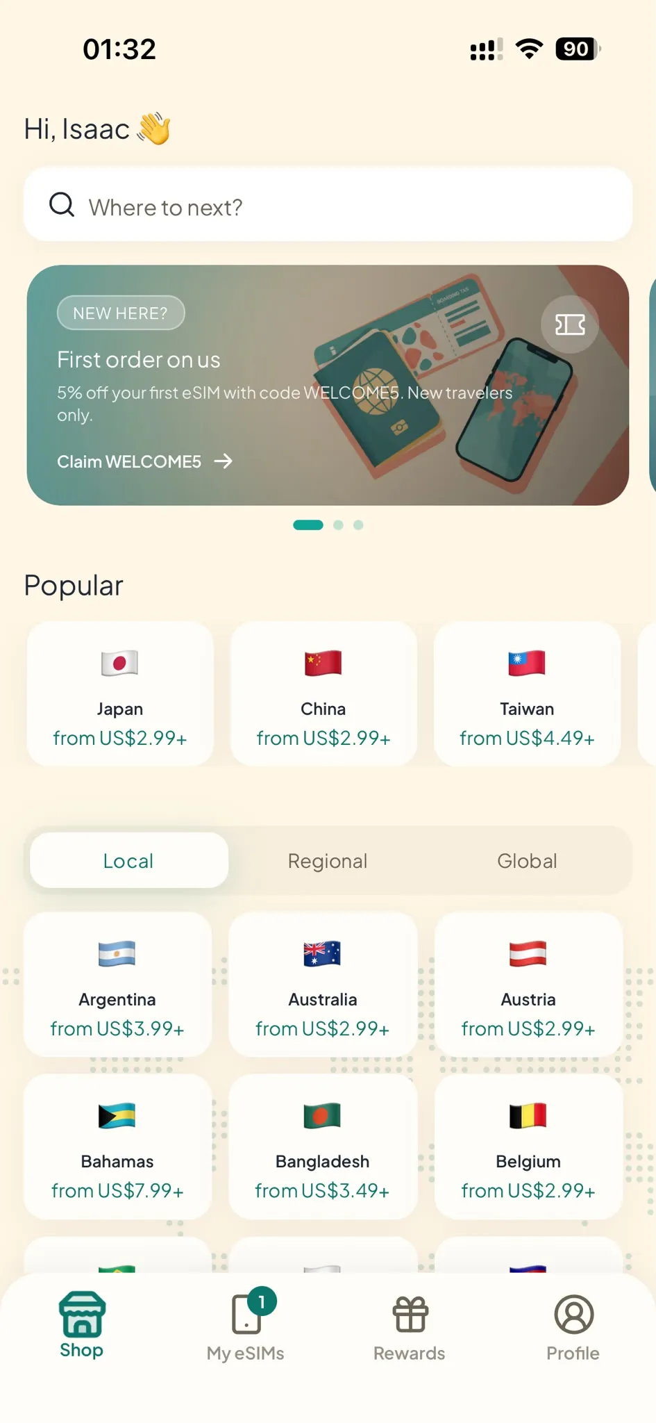 roameoesim mobile app screenshot