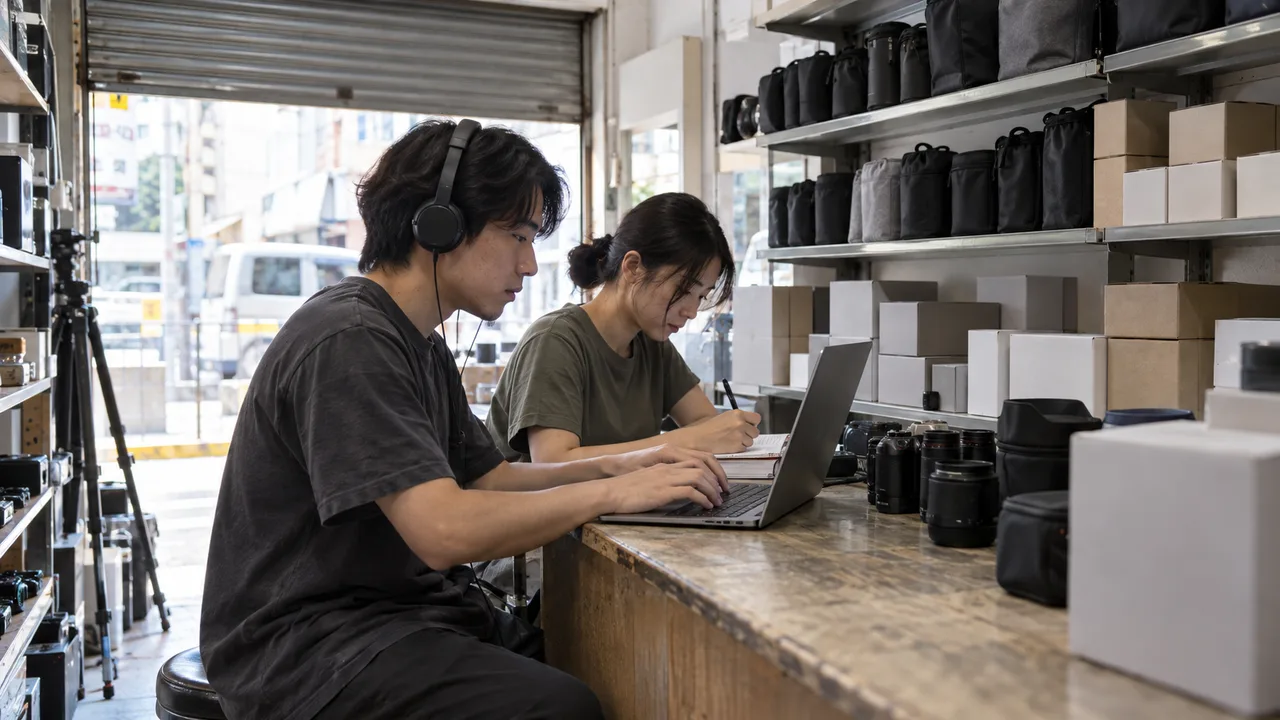 Illustrative scene of a shop colleague using headphones and a laptop to test a catalogue beside camera-accessory shelves.