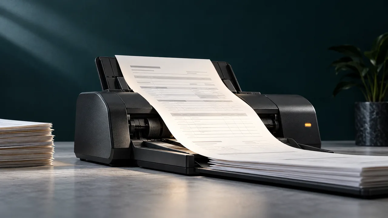 A document scanner feeding paperwork into a digital workflow