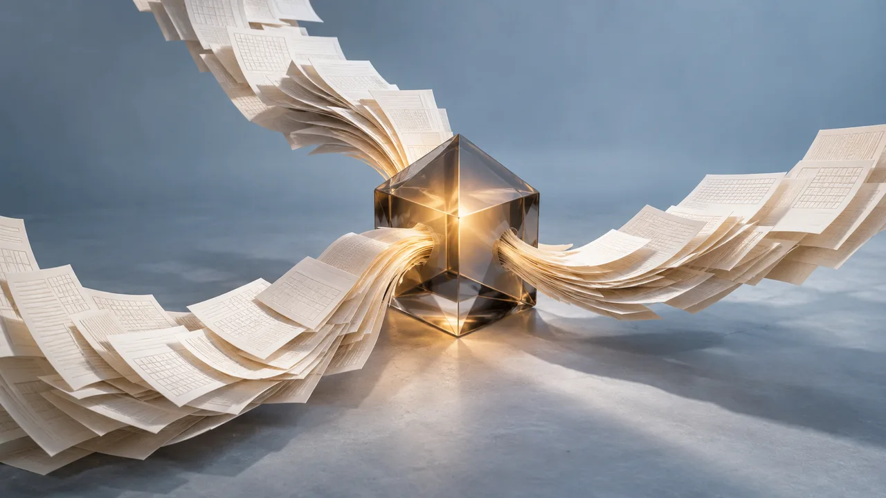 Layered document sheets converging around an illuminated glass core