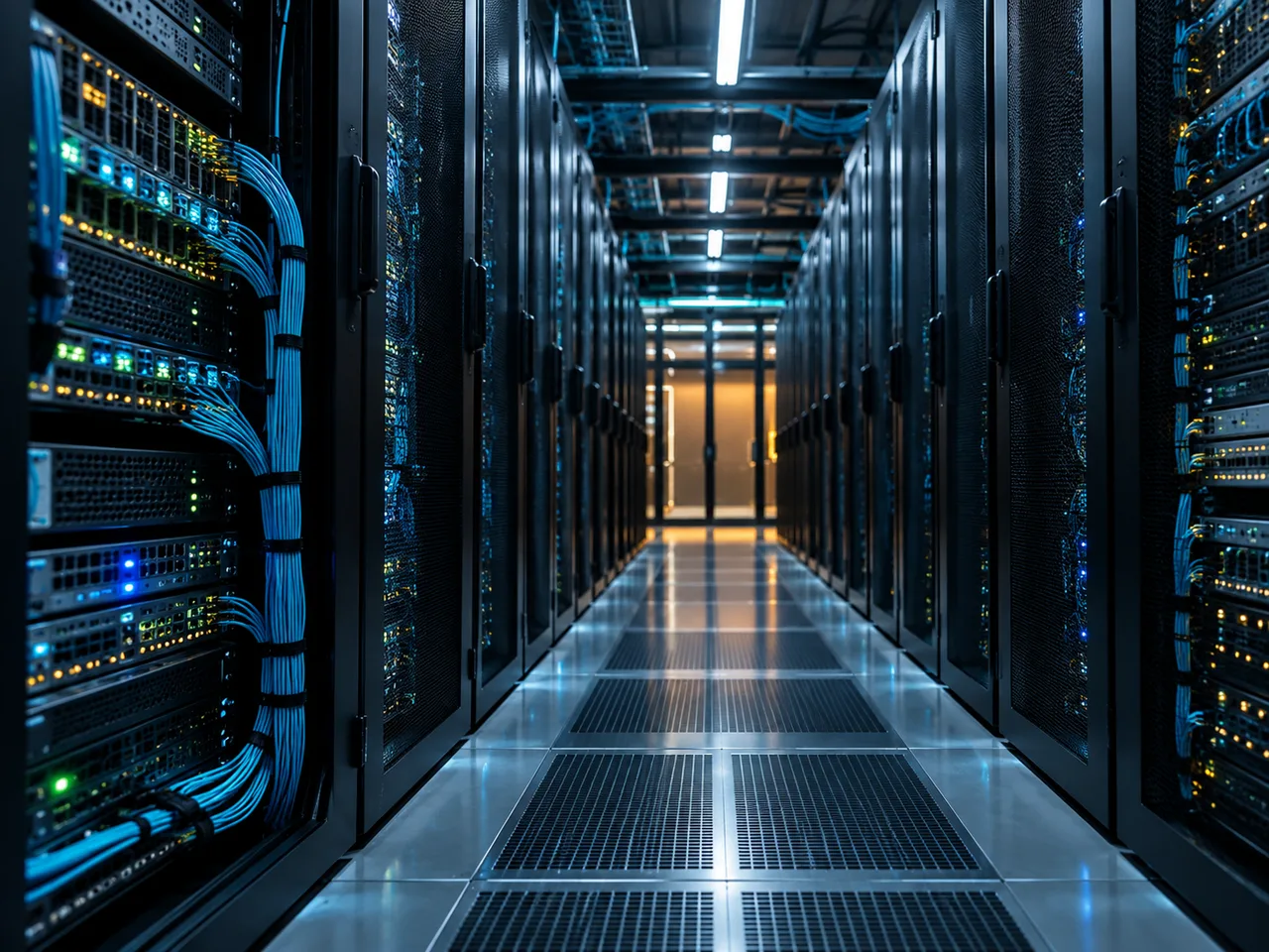 Illuminated server racks along a dark data centre aisle