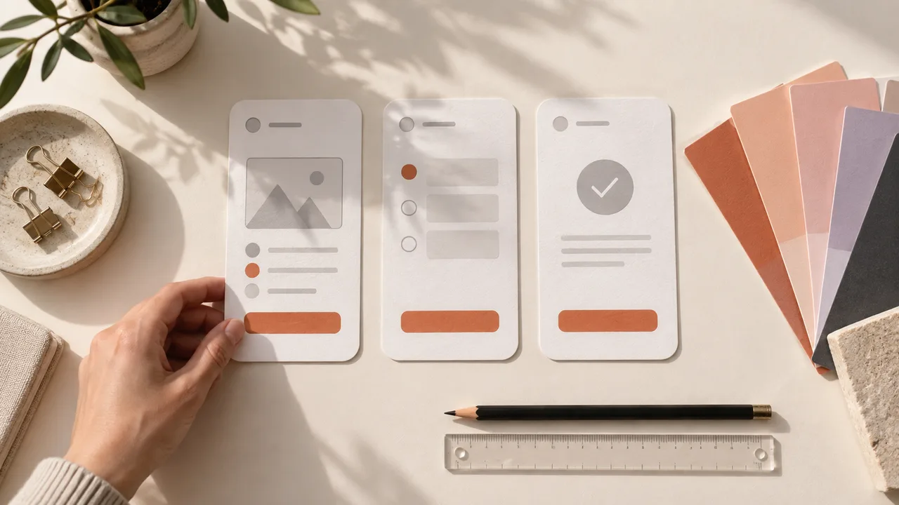 Paper interface prototypes and colour swatches arranged on a design table
