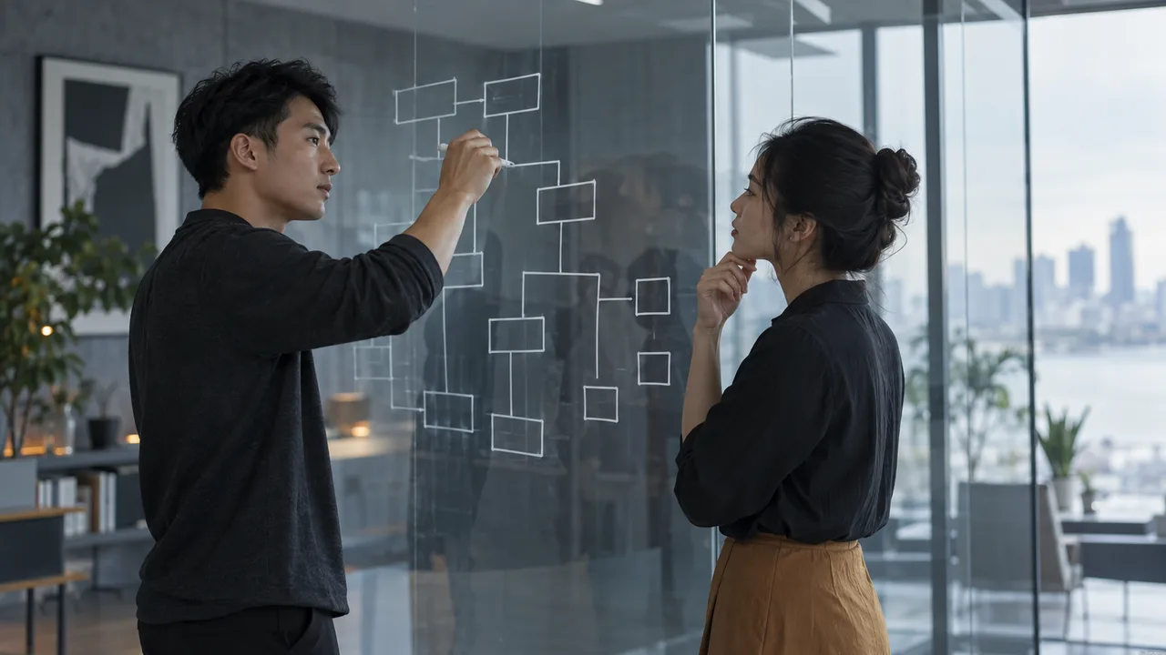 Software engineers planning application architecture on a glass wall