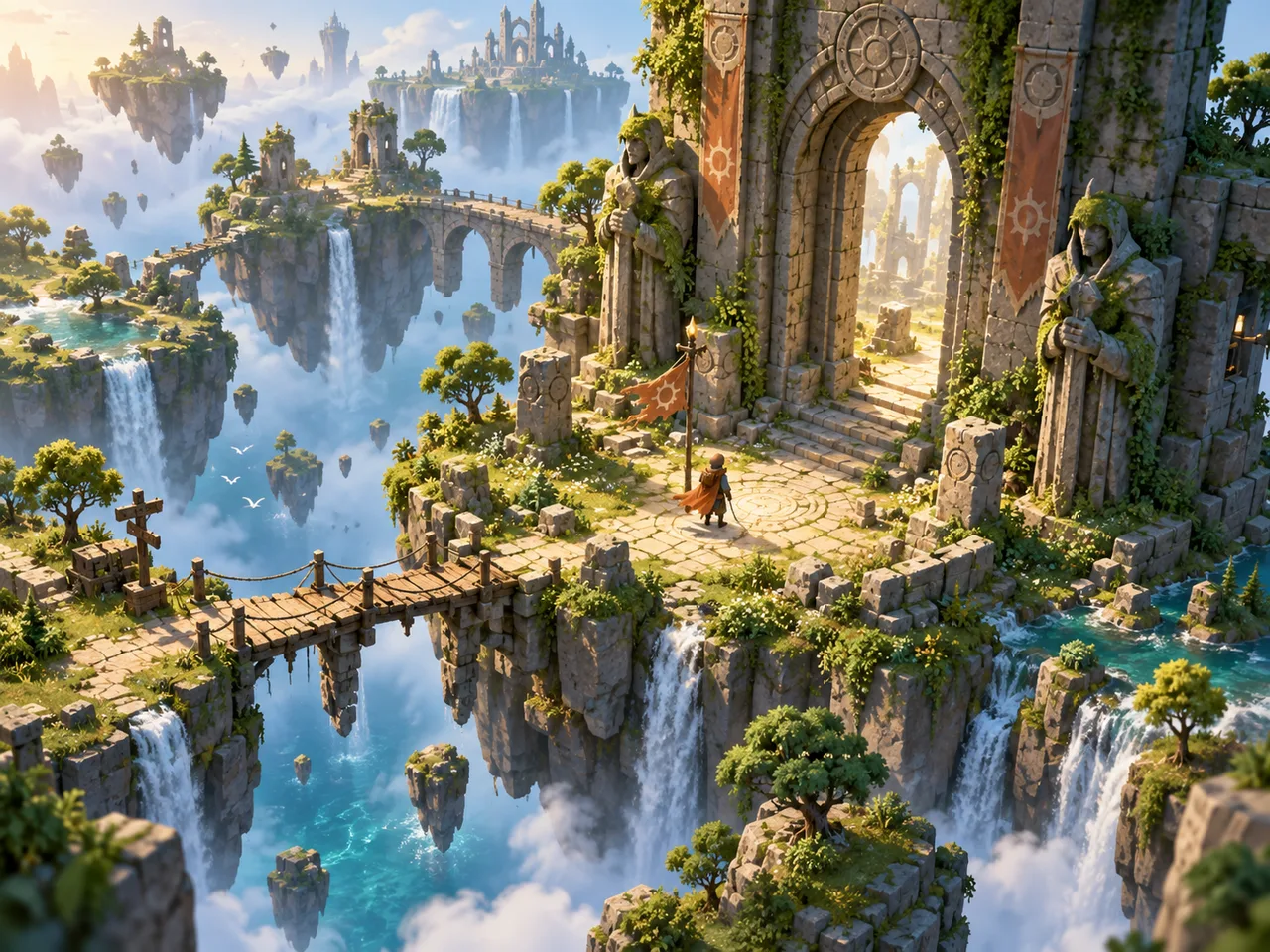 Stylised adventure game world with a tiny explorer and floating islands