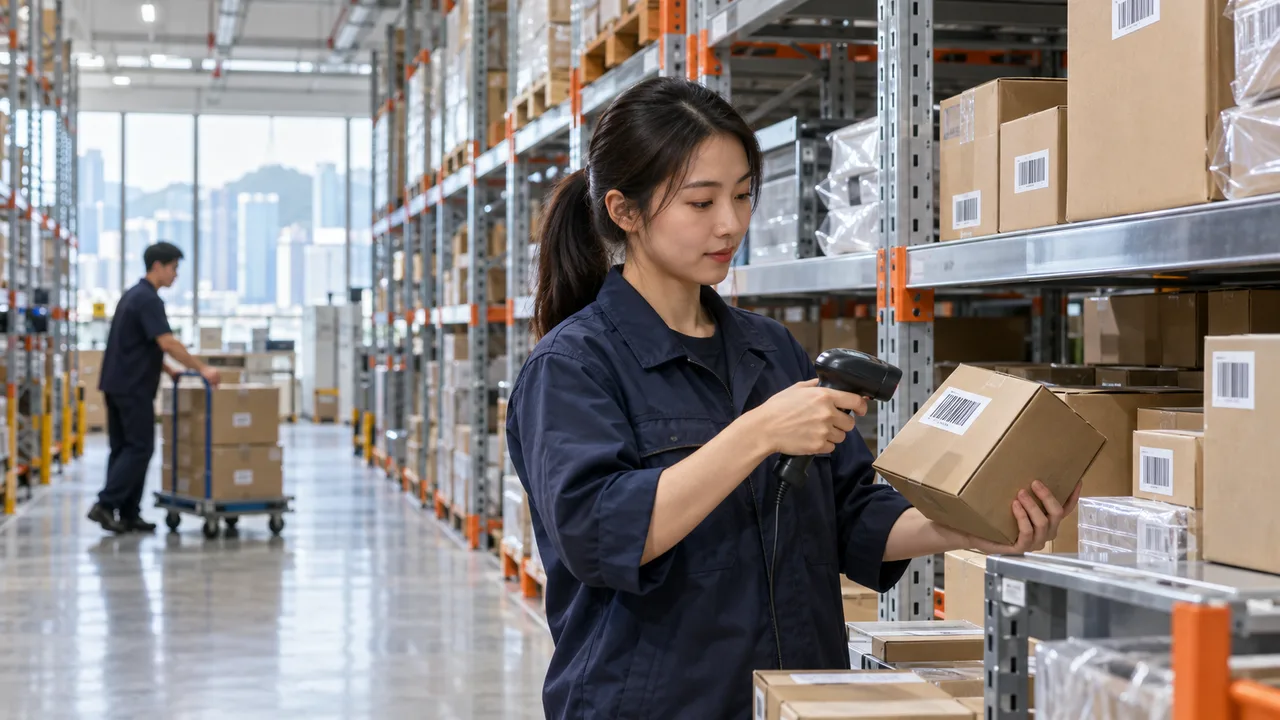 Warehouse staff scanning stock beside organised inventory shelves