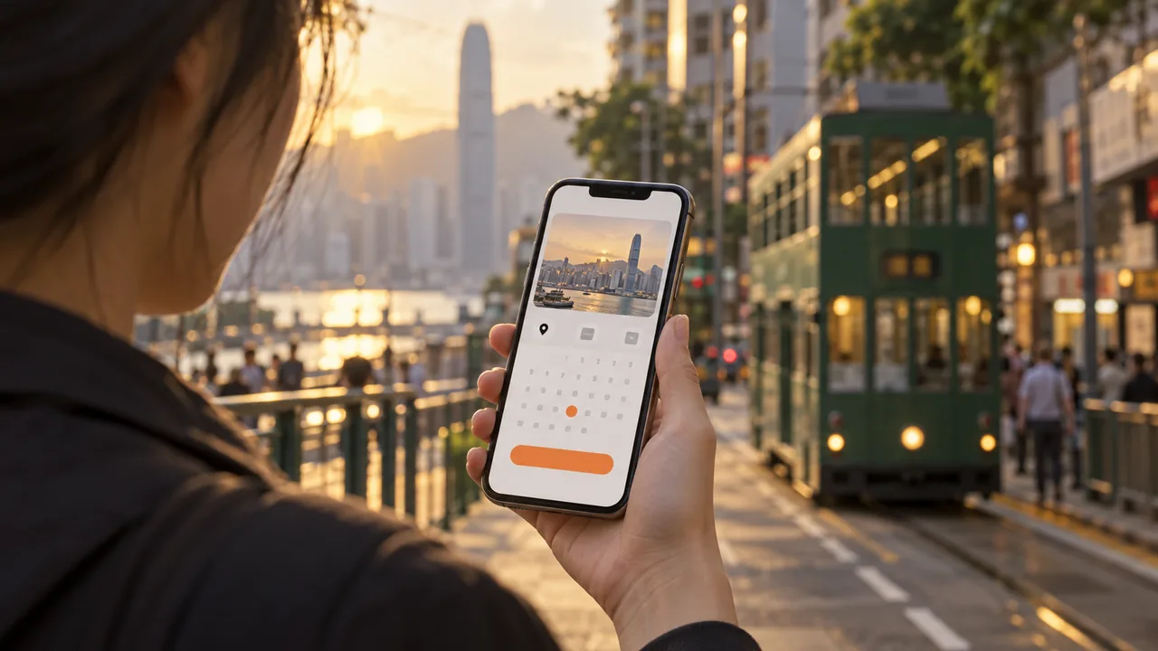 A person using a mobile booking app on a Hong Kong street