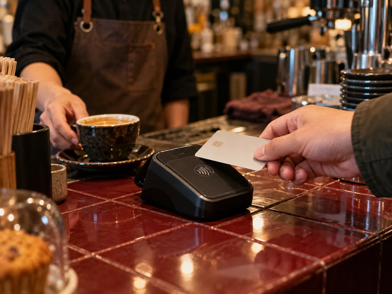 Customer tapping a payment card at a busy café counter
