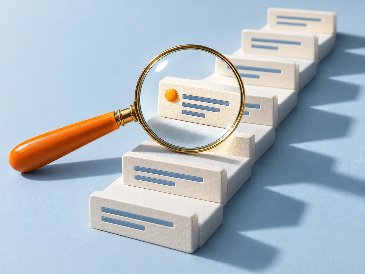Magnifying glass focusing on a raised search result in a sculptural search composition