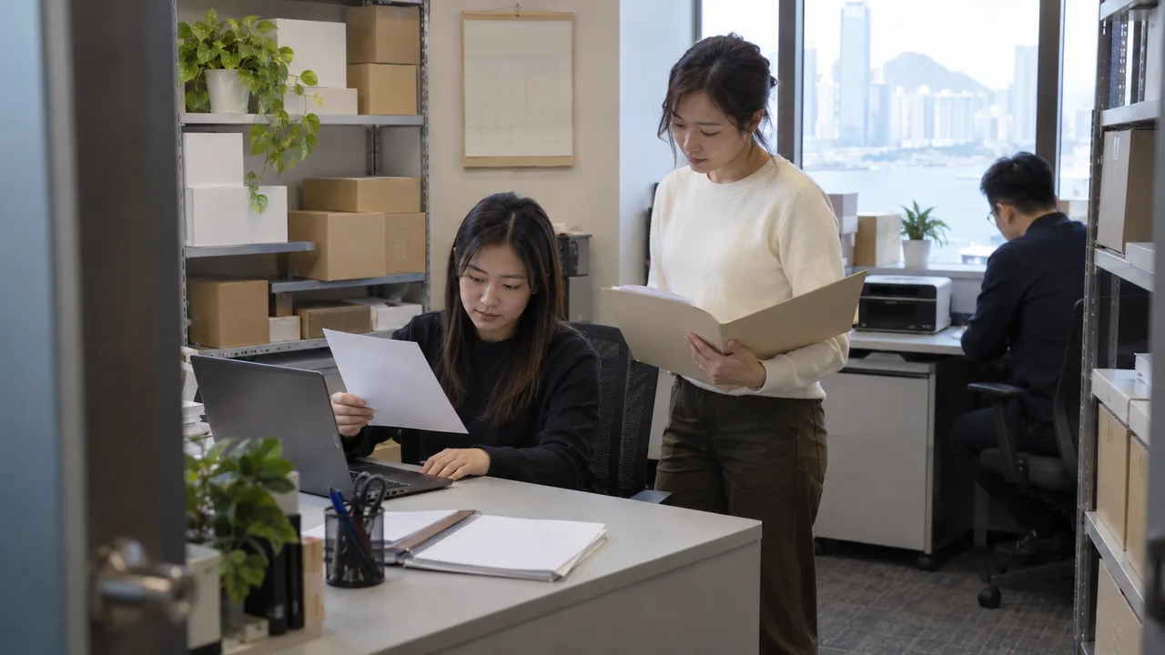 Illustrative workplace scene of colleagues reconciling software subscription paperwork beside a laptop in a Hong Kong trading office