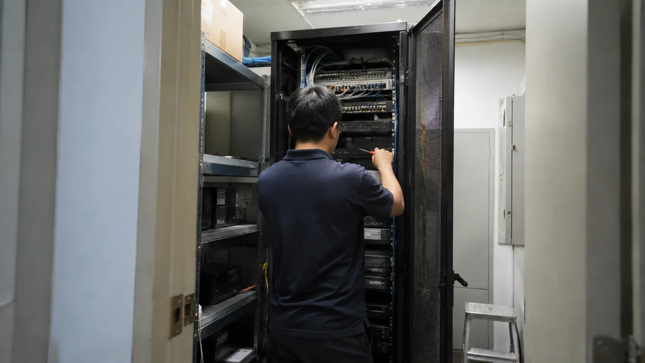 資訊科技人員在設備房檢查器材