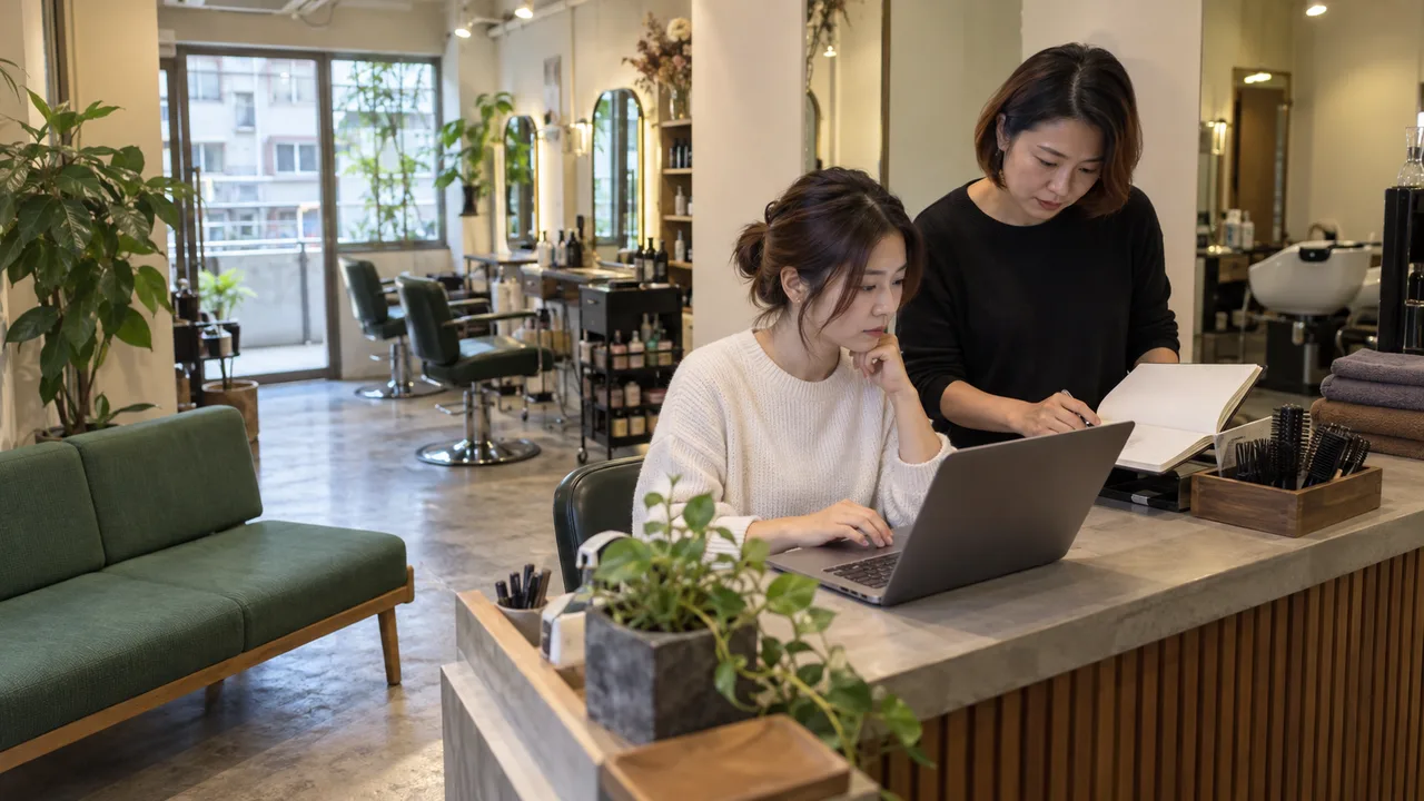 Illustrative scene of a salon receptionist checking a booking email on a laptop beside an appointment book.