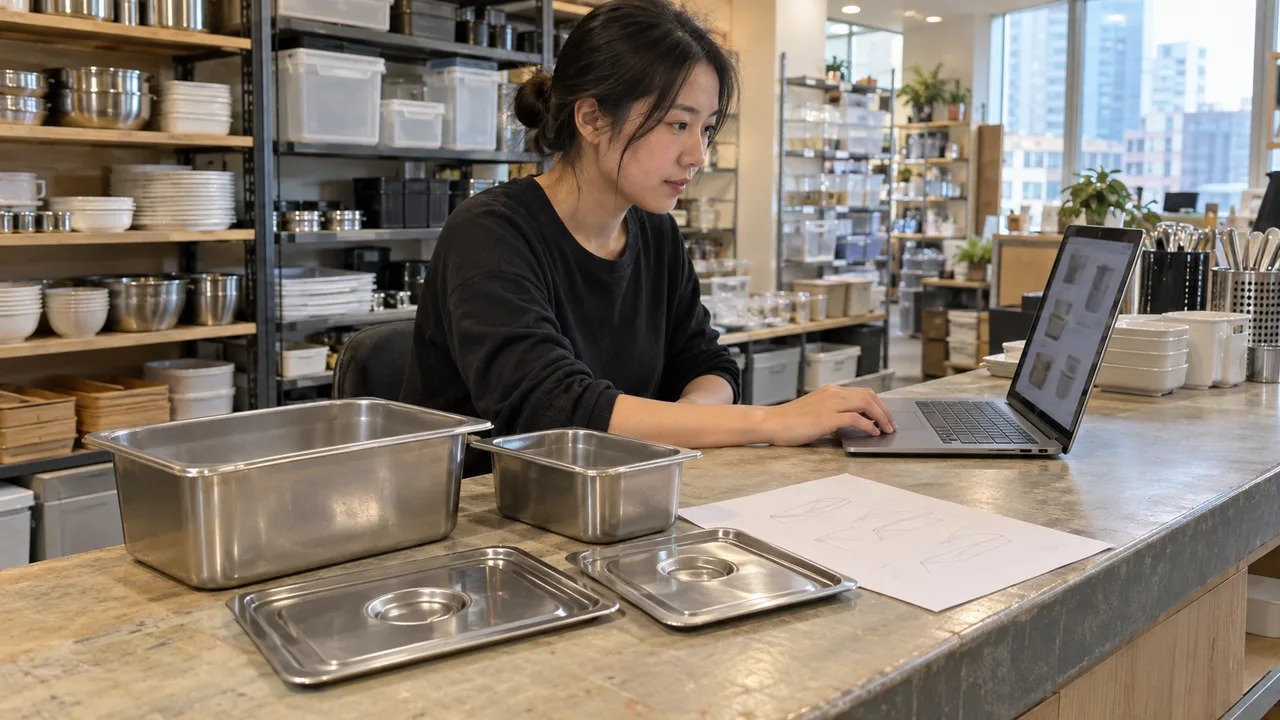 A supplier’s catalogue coordinator checks a laptop beside product samples and a handwritten review sheet at a showroom counter.