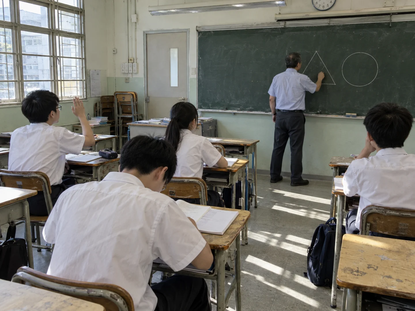A teacher leading a geometry lesson in a secondary school classroom