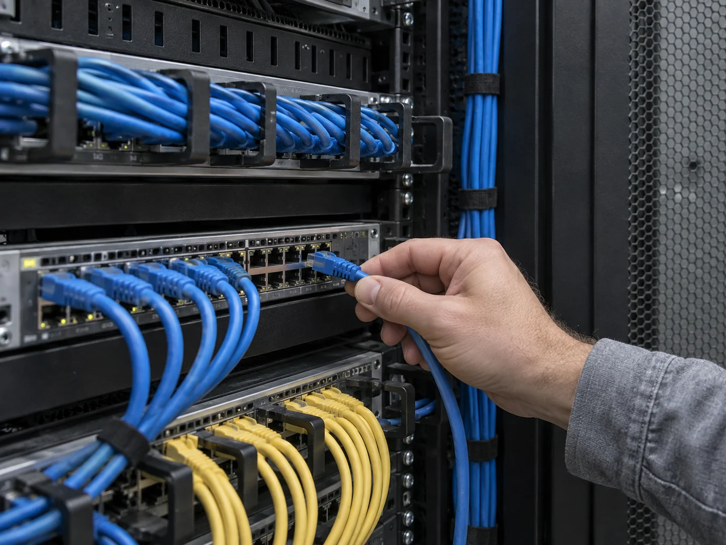 A technician connecting an Ethernet cable inside a network cabinet