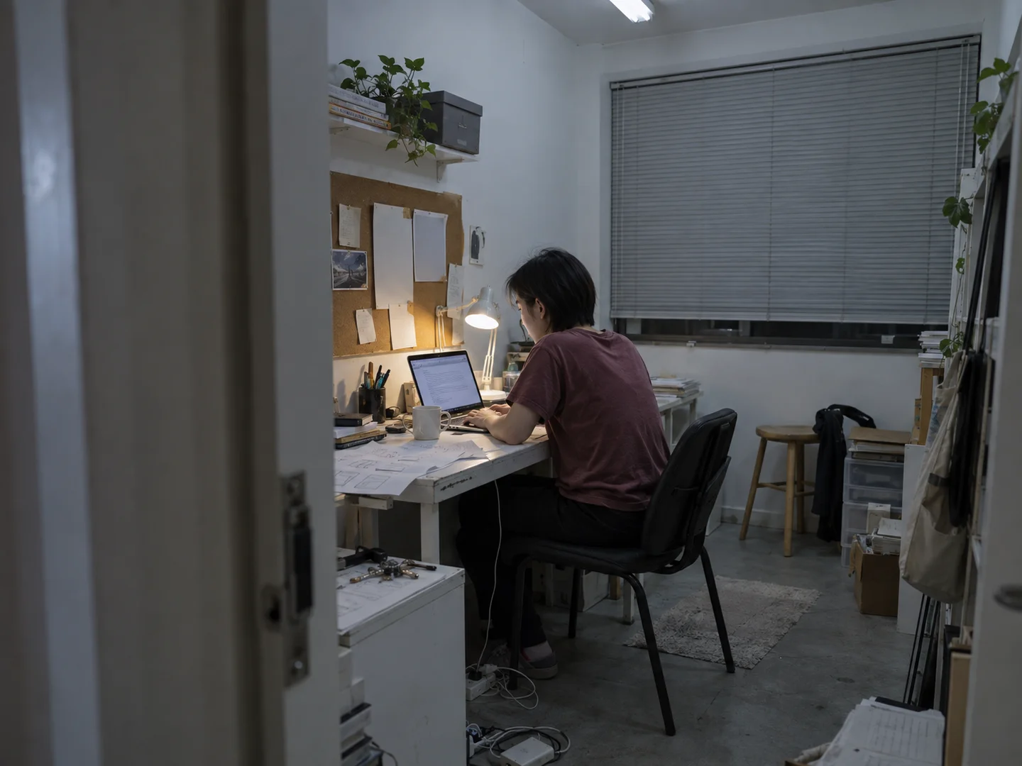 A founder working alone in a small workspace at night